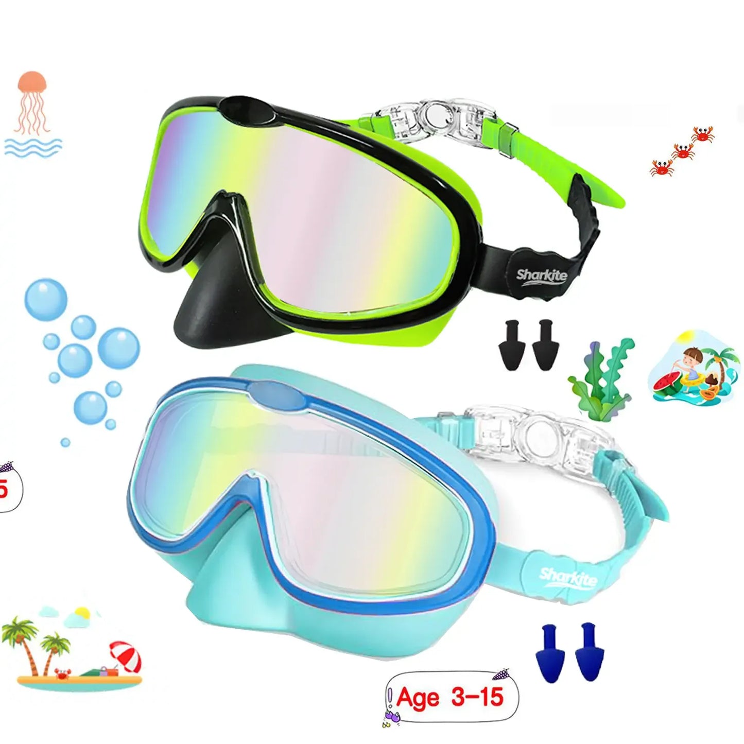 [summervibes] Sharkite Kids Swimming Goggles 2 Pack Anti-fog Anti-UV Wide View Kids Swimming Goggles 4-15 years old Swim Glasses for Boys and Girls for Lake,Beach, Summer Party, Swimming pool summerwins,summerwins