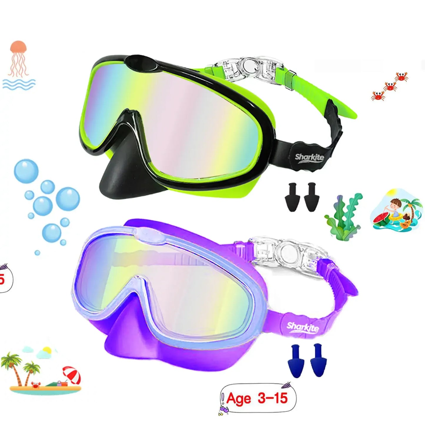 [summervibes] Sharkite Kids Swimming Goggles 2 Pack Anti-fog Anti-UV Wide View Kids Swimming Goggles 4-15 years old Swim Glasses for Boys and Girls for Lake,Beach, Summer Party, Swimming pool summerwins,summerwins