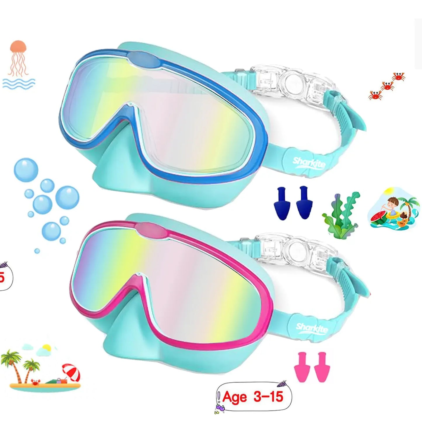 [summervibes] Sharkite Kids Swimming Goggles 2 Pack Anti-fog Anti-UV Wide View Kids Swimming Goggles 4-15 years old Swim Glasses for Boys and Girls for Lake,Beach, Summer Party, Swimming pool summerwins,summerwins