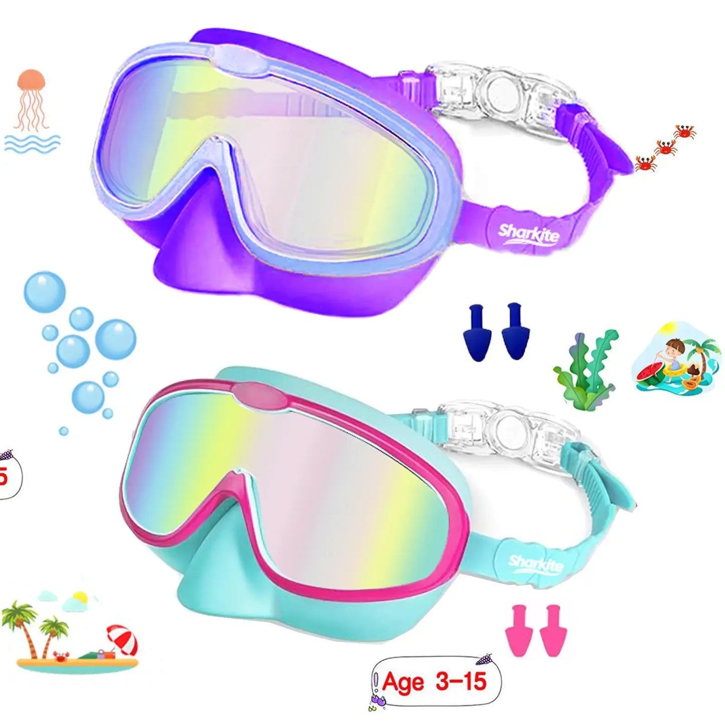 [summervibes] Sharkite Kids Swimming Goggles 2 Pack Anti-fog Anti-UV Wide View Kids Swimming Goggles 4-15 years old Swim Glasses for Boys and Girls for Lake,Beach, Summer Party, Swimming pool summerwins,summerwins