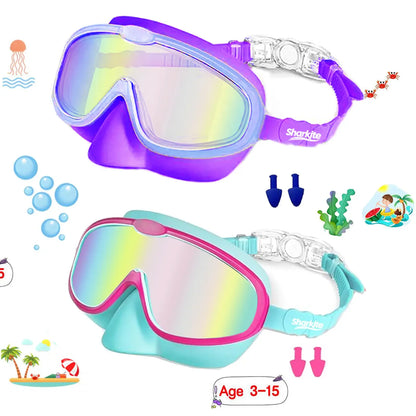 [summervibes] Sharkite Kids Swimming Goggles 2 Pack Anti-fog Anti-UV Wide View Kids Swimming Goggles 4-15 years old Swim Glasses for Boys and Girls for Lake,Beach, Summer Party, Swimming pool summerwins,summerwins