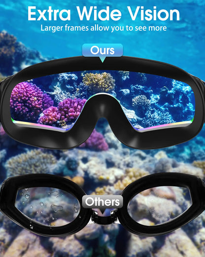 Swim Goggles for Adults & Kids - Anti-Fog Full-Coverage, 3-Color UV Lens, Waterproof Earplugs & Nose Clip, Fit Outdoorfun