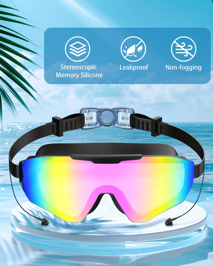Swim Goggles for Adults & Kids - Anti-Fog Full-Coverage, 3-Color UV Lens, Waterproof Earplugs & Nose Clip, Fit Outdoorfun
