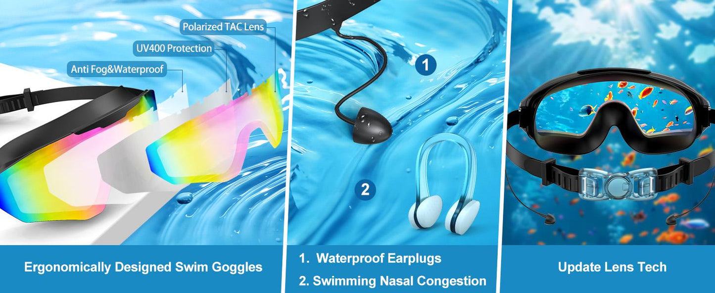 Swim Goggles for Adults & Kids - Anti-Fog Full-Coverage, 3-Color UV Lens, Waterproof Earplugs & Nose Clip, Fit Outdoorfun
