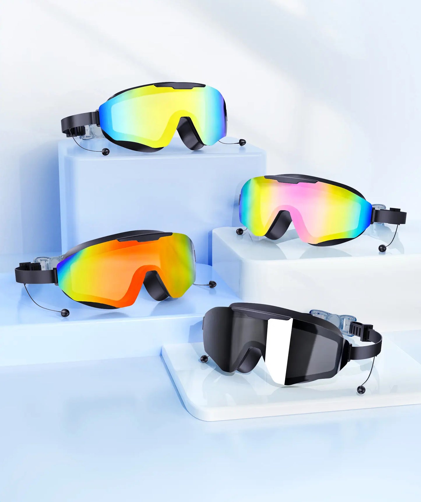 Swim Goggles for Adults & Kids - Anti-Fog Full-Coverage, 3-Color UV Lens, Waterproof Earplugs & Nose Clip, Fit Outdoorfun